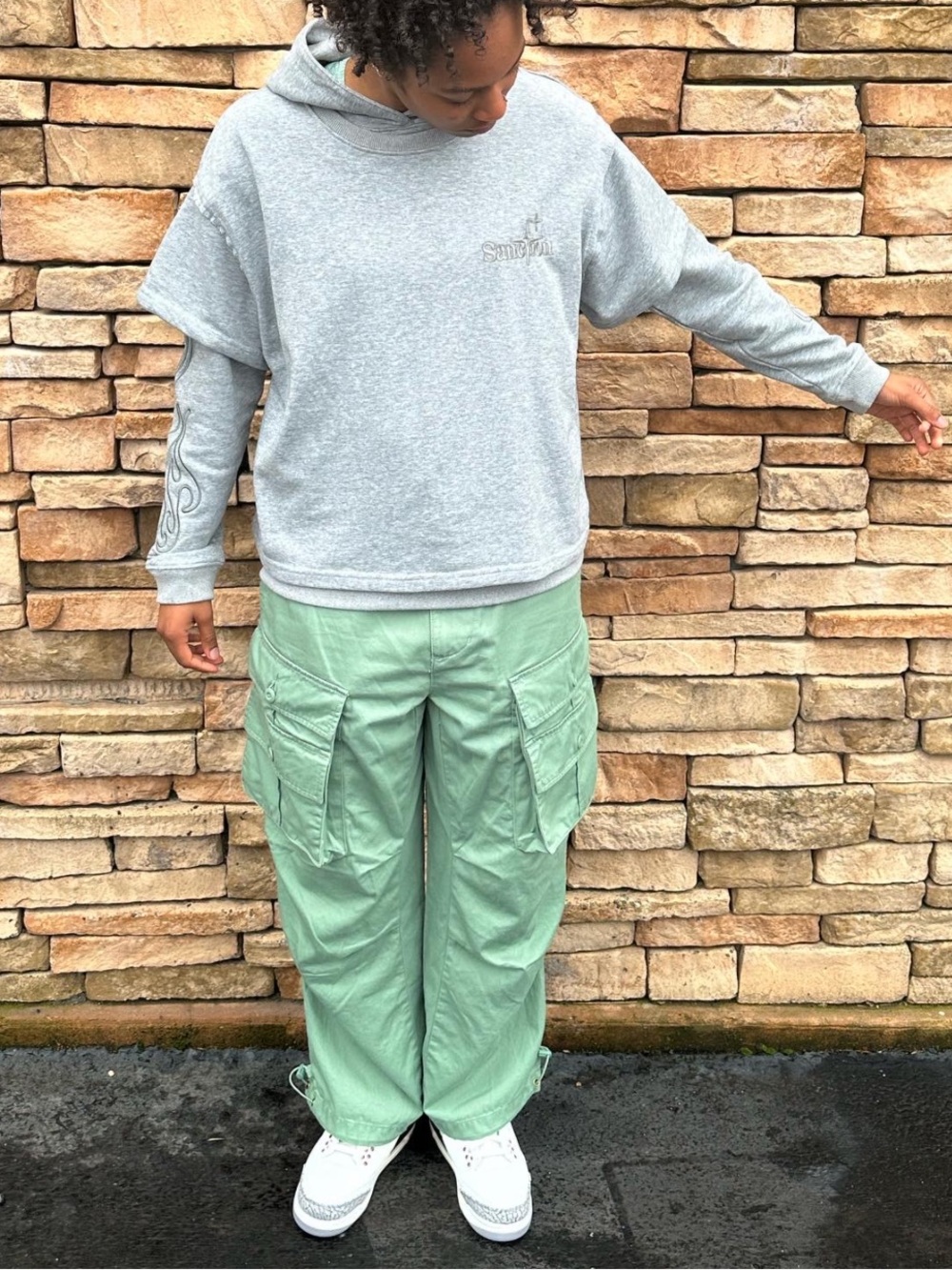 Embroidered Gray Hoodie with Sleeve Details